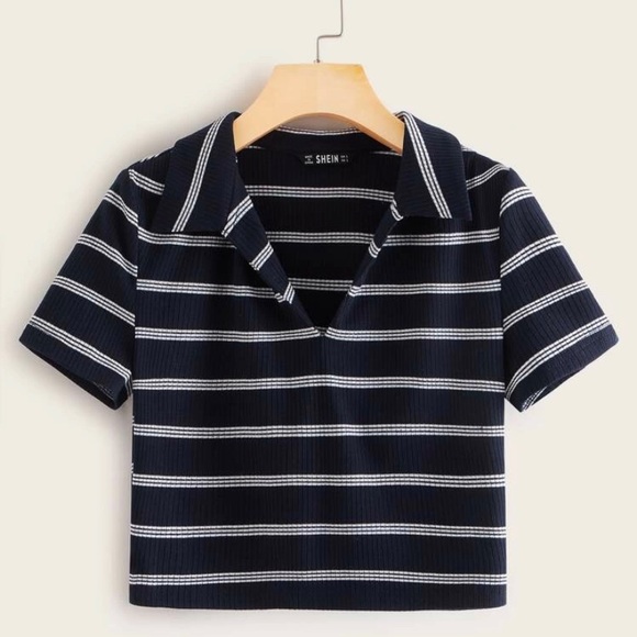 Tops - Collared V-neck Rib-knit Striped Tee